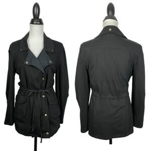 Kyla Seo | Black Cinch Waist Roll Tab Long Sleeve Snap Button Casual Jacket